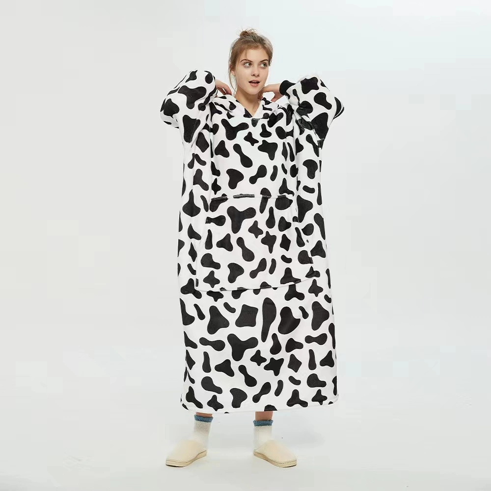 OEM Wholesale Animal Print Adult Sherpa Fleece Flannel Lazy TV Blanket Wearable Hooded Sweatshirt Hoodie Blanket